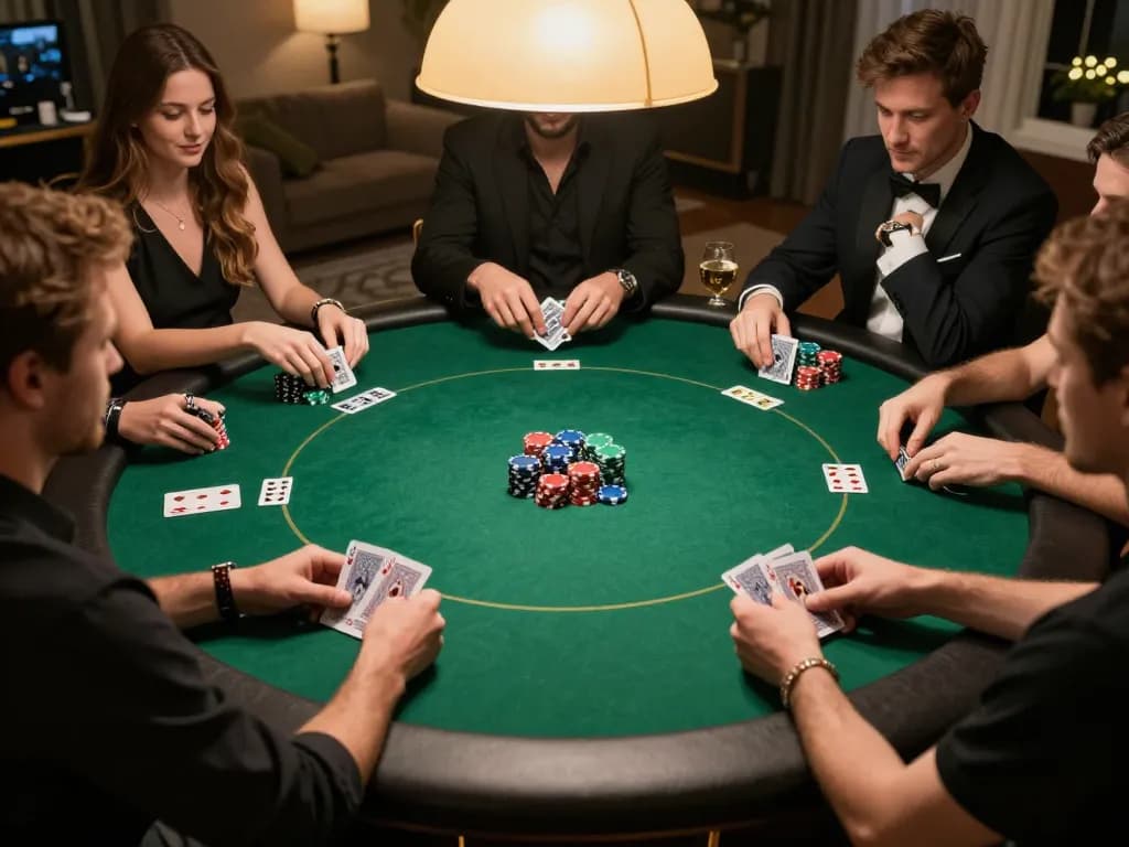 Engaged players strategizing with top quality widgets at a stylish home poker game table