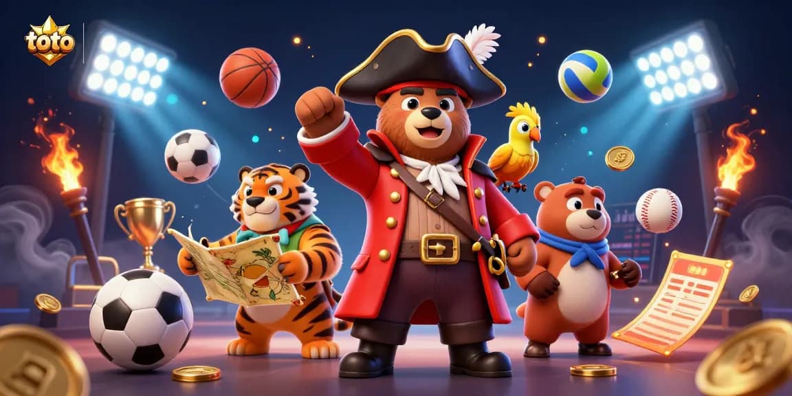 Engage in exciting toto sports betting with a cartoon pirate bear and friends amid dynamic game elements.