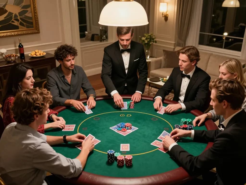 Play a thrilling hand of poker with vt888 in a luxurious home game setting, showcasing excitement and strategy.