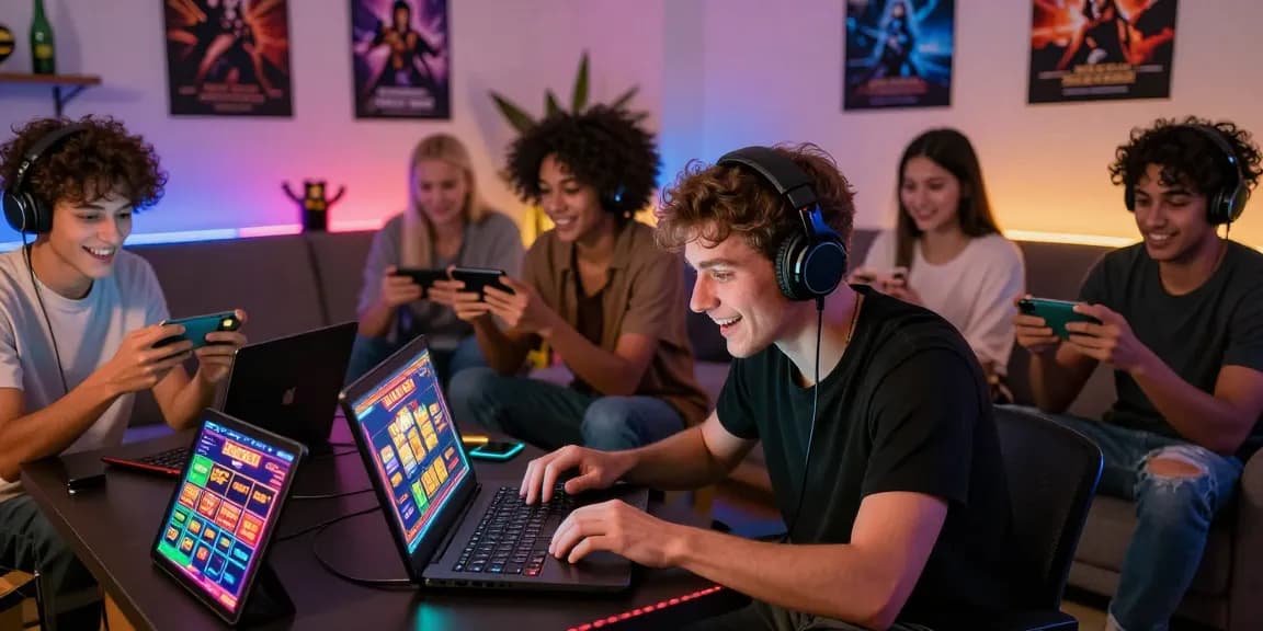 Engaging online gaming scene with diverse players enjoying slot deposit 5000 games in a lively living room atmosphere.