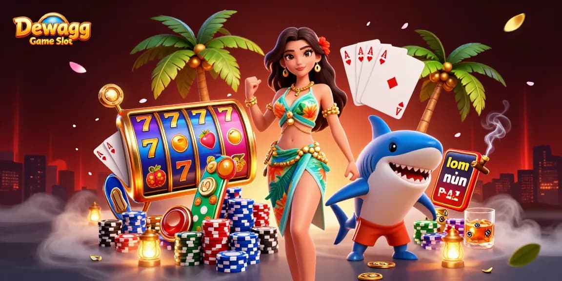 Dewagg Game Slot illustration featuring a glamorous woman and a shark, surrounded by vibrant slot elements.