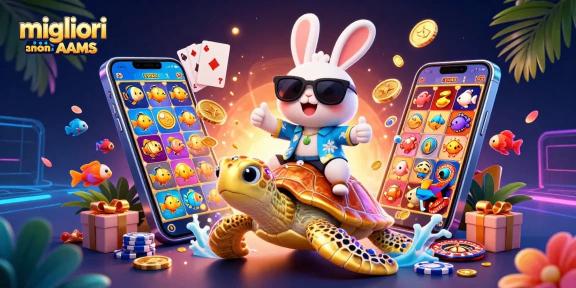 Esplora i migliori casino non AAMS mentre il coniglio fortunato festeggia su una tartaruga d'oro.