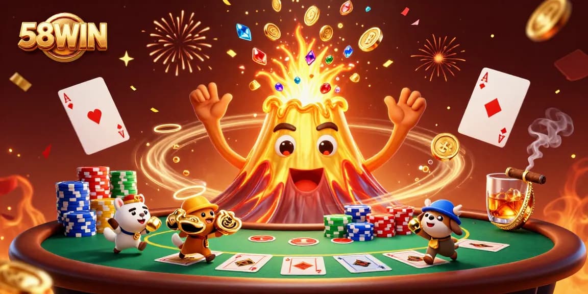 Engage with the vibrant 58WIN casino experience featuring a dynamic volcano and thrilling poker elements.