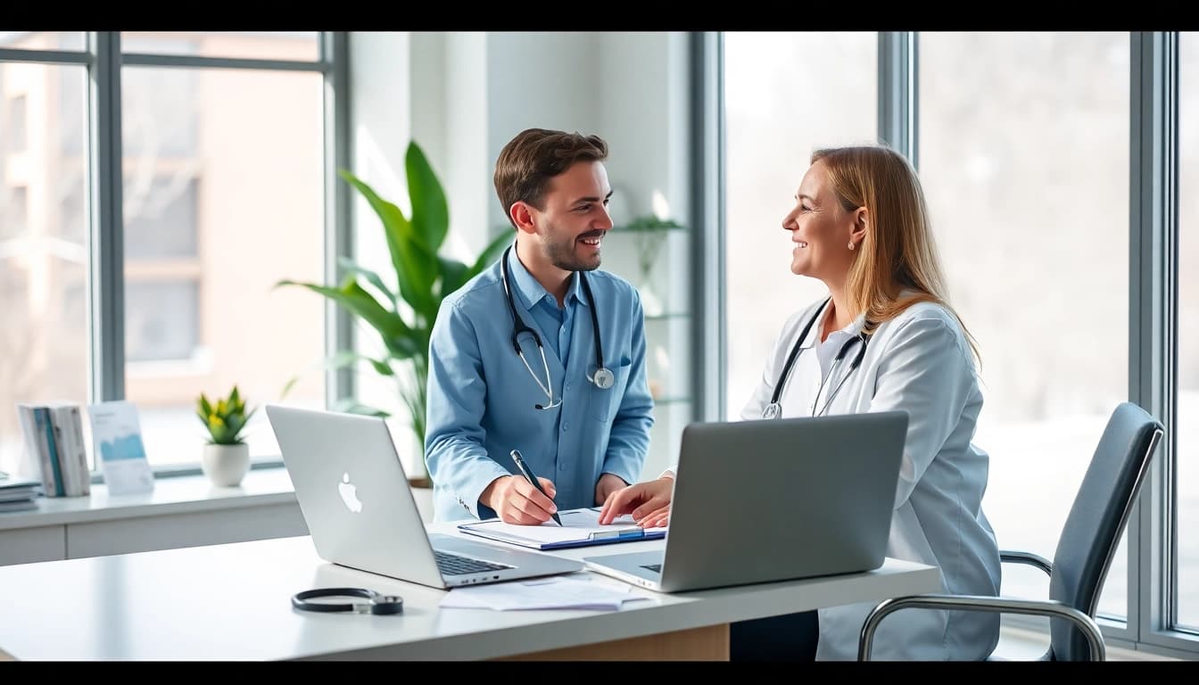 Consultation at https://www.medexdtc.com with healthcare provider and patient in modern clinic.