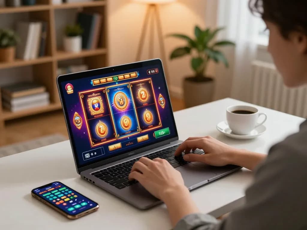 hoki88 login alternatif dengan pemain terlibat dalam permainan slot online di setup laptop modern.