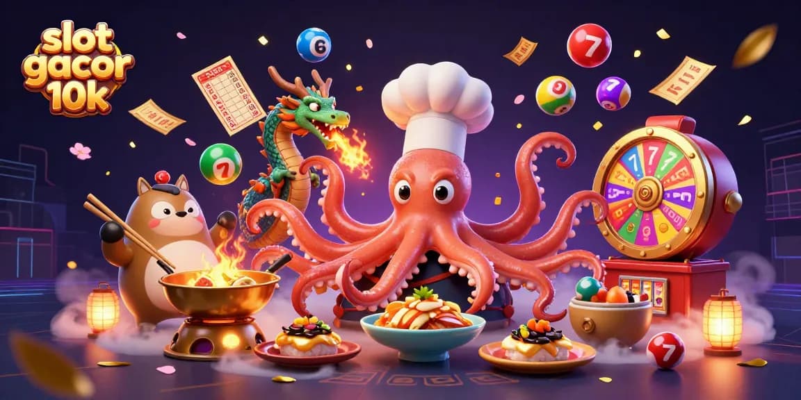 Engage with slot gacor 10k featuring an octopus chef, dragon companion, and vivid casino elements.