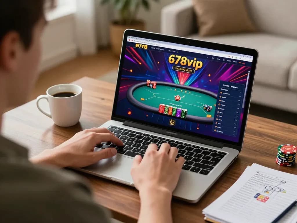 Player strategizing on the 678vip platform during an online poker session in a cozy home environment.