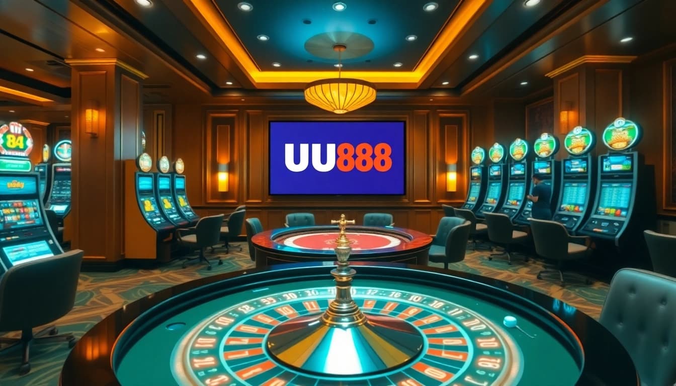 Engaging UU88 casino scene with roulette, poker chips, and digital displays enhancing the thrill.