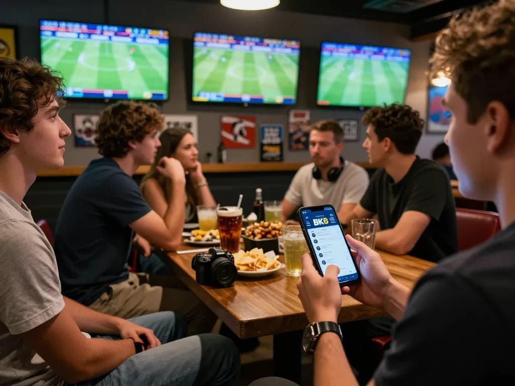 Exciting sports betting scene with friends engaging while using the BK8 app and watching live matches.