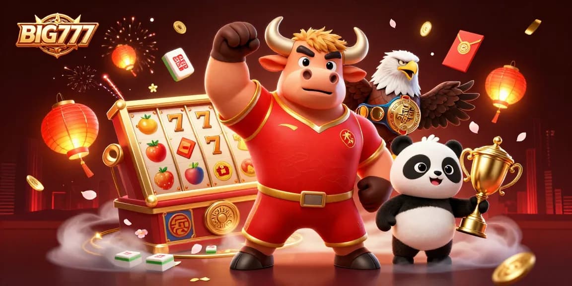 BIG777 menampilkan simbol kemenangan dengan karakter kasino, seperti banteng dan panda, dikelilingi elemen judi.