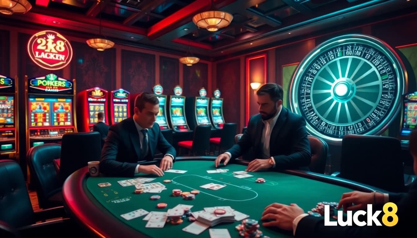 Exciting gaming scene at Luck8 casino with vibrant poker table action and roulette.