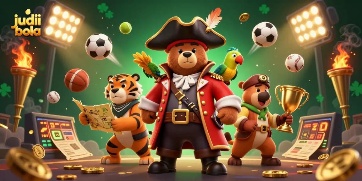 Engage in judi bola betting adventures with a pirate bear, tiger mate, and gold trophy elements.