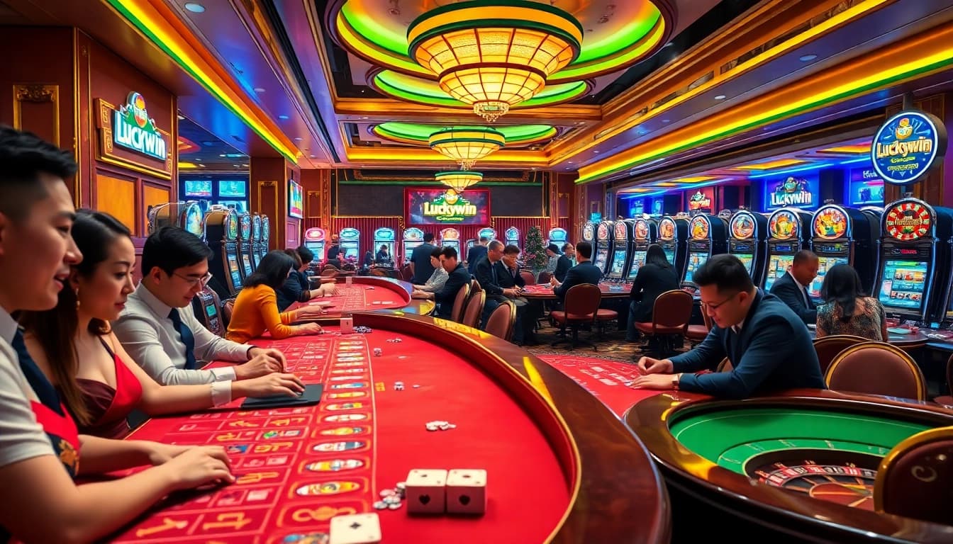 Players enjoying a lively game at Luckywin casino with vibrant tables and slot machines.