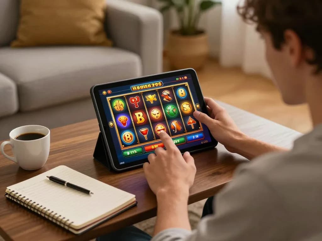 Suspenseful slot gaming action at home featuring situs slot bet 200 player engaging on a tablet with spirited excitement.