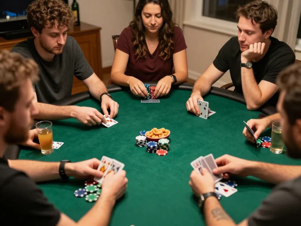 Manclub poker players enjoying strategic gameplay in a cozy home setting with vibrant card and chip action.