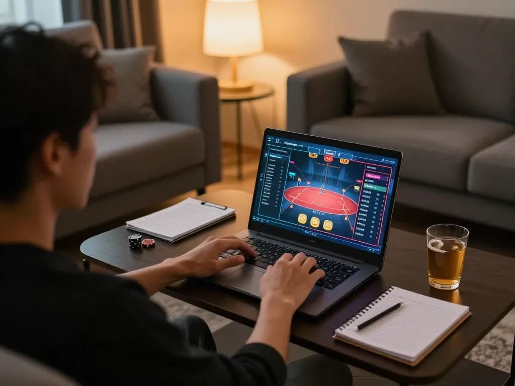 Luck8 player engaged in strategic online poker gameplay from a cozy home setup.