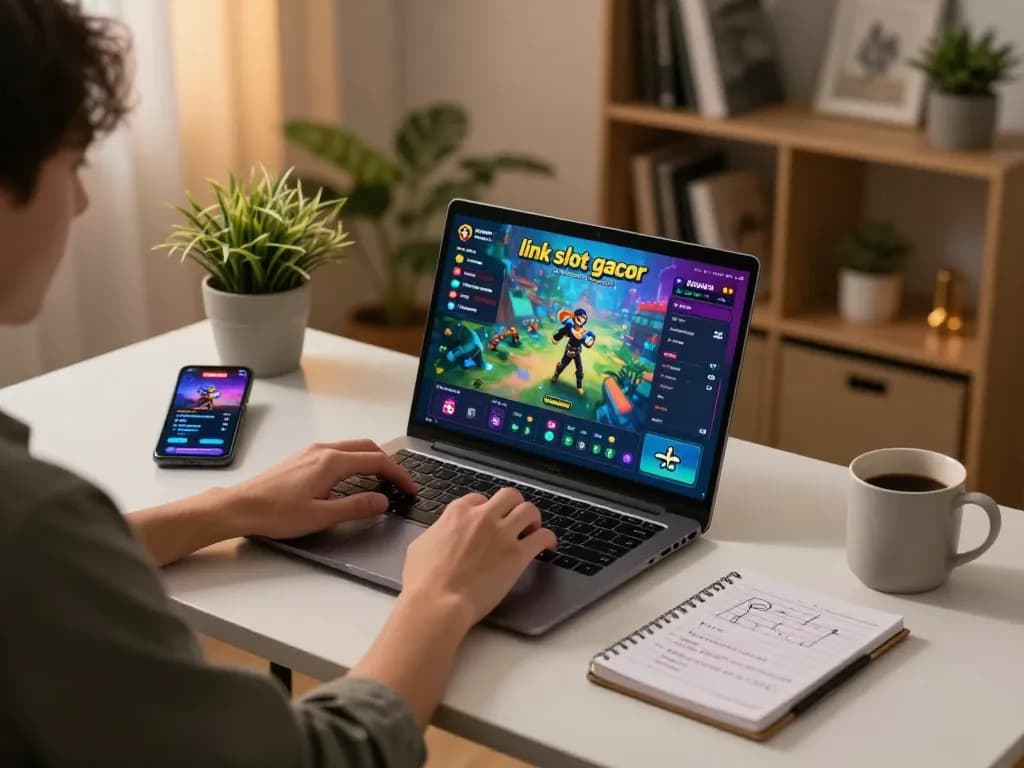 Person engaged with link slot gacor on a laptop, surrounded by home gaming elements.