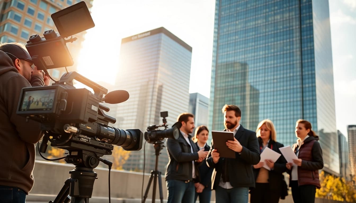Showcasing a Video Production Company Calgary team filming in an urban setting with vibrant cityscapes.