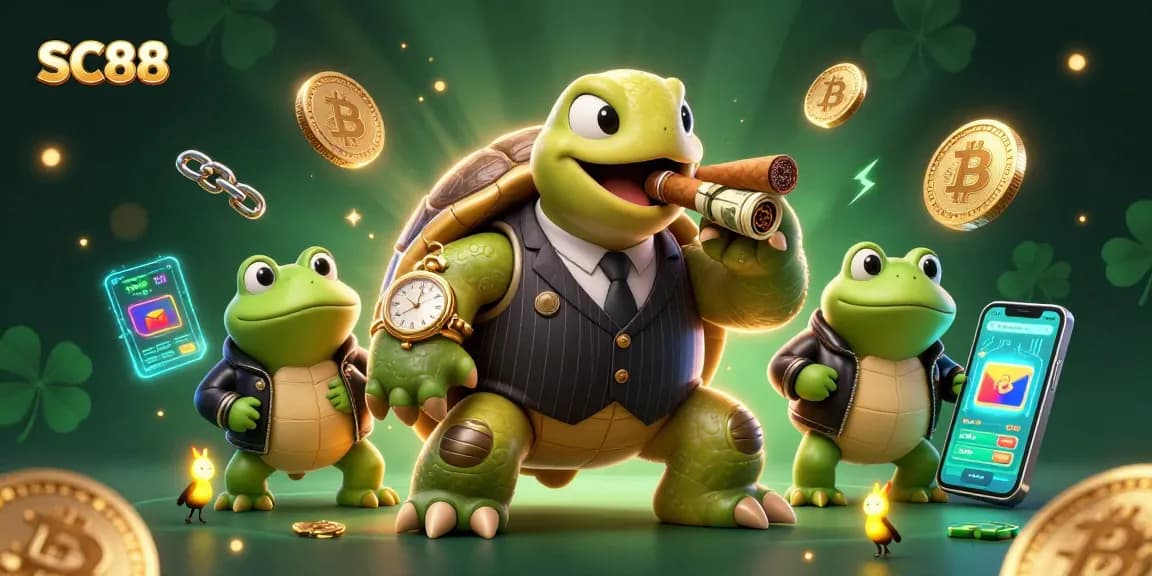 Engaging 3D scene of SC88 showcasing a snapping turtle and bullfrog enforcers with crypto casino elements.
