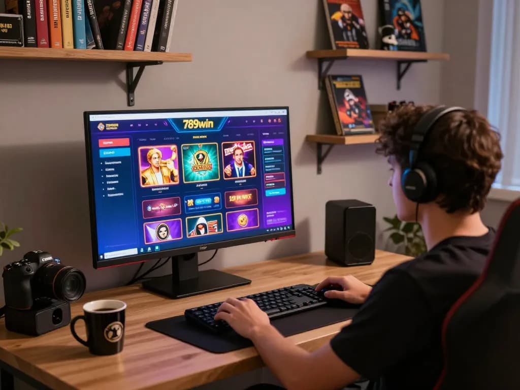 Engaged player at a modern gaming setup using 789win for online casino entertainment with immersive visuals.