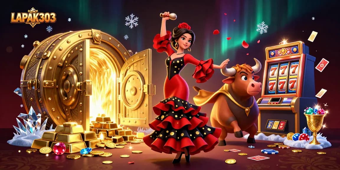 Spin and win with LAPAK303 in this lively 3D casino scene featuring dynamic slot reels.