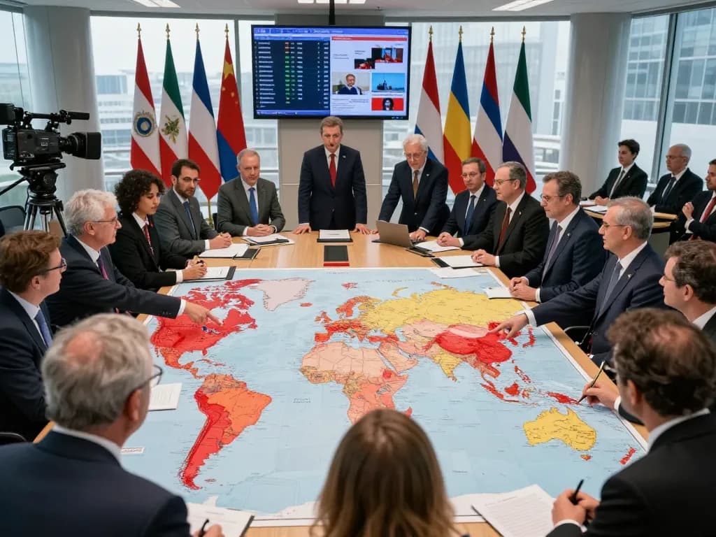 Diplomats analyzing rising global tensions in a modern conference room, highlighting conflict zones on a map.