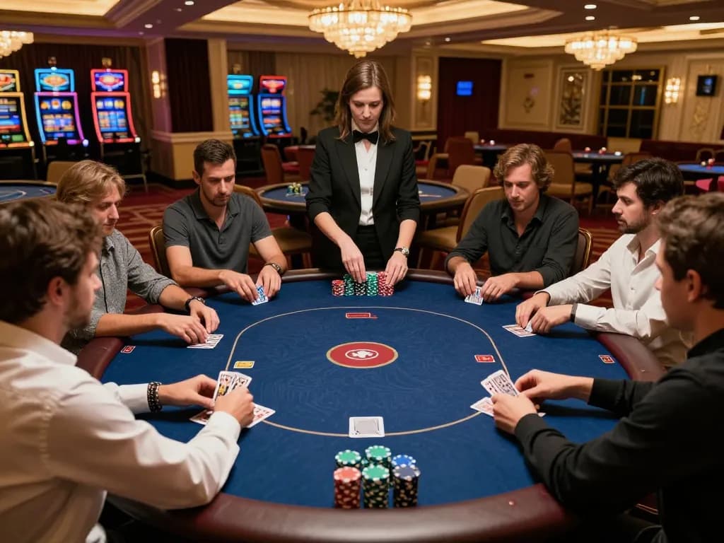 A high-stakes poker game in a luxurious casino, capturing the strategic moments of players focused on their hands, situs 1k visible through stacked chips and cards, creating a dynamic gambling atmosph