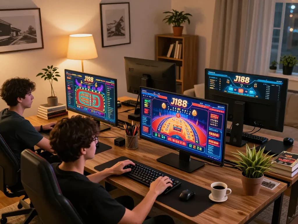 Engaging with J188 online casino games in a cozy home gaming setup, showcasing strategic gameplay.