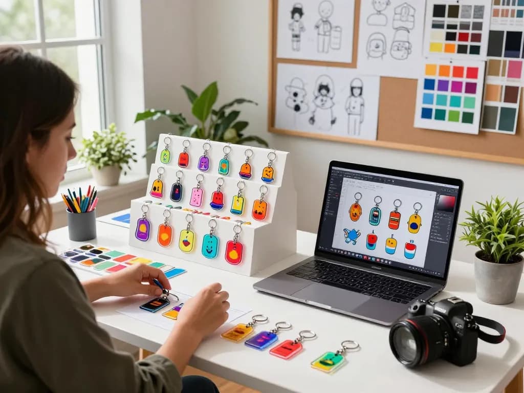 Designer showcasing custom acrylic keychains on a vibrant display table with natural light.