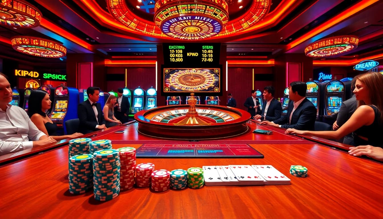 KPI4D gaming scene showcasing a luxurious casino table with poker chips and cards, highlighting gaming excitement.