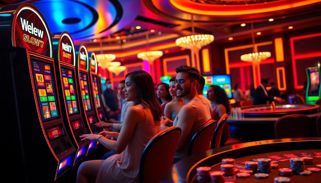 Exciting gameplay at new77 slot machines in a luxurious casino environment.