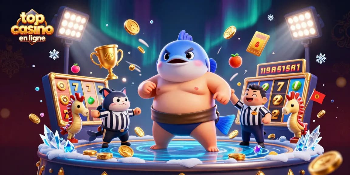 Illustration animée du top casino en ligne, mettant en scène un fugu dans un ring aquatique entouré d'éléments de jeux de casino.