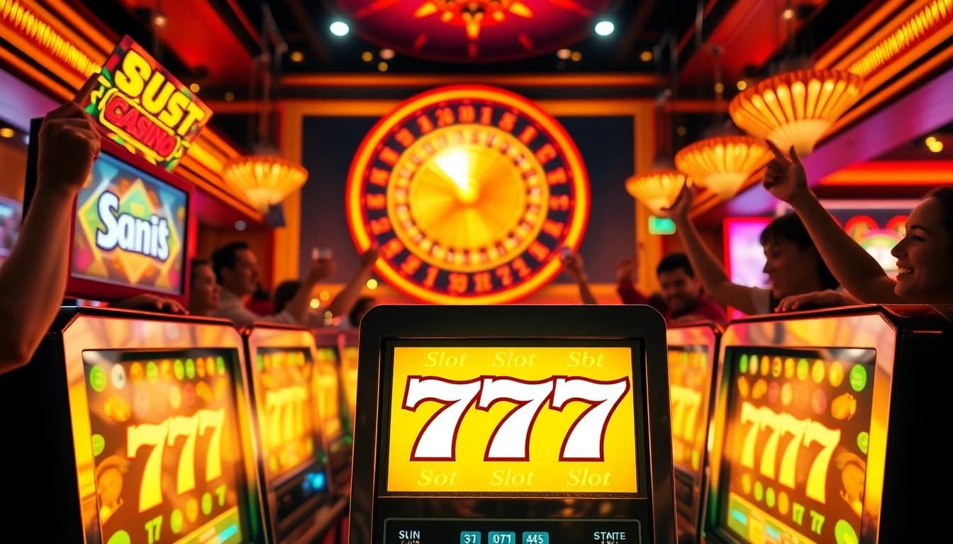 Exciting players celebrating wins at slot 777 machines in a vibrant casino atmosphere