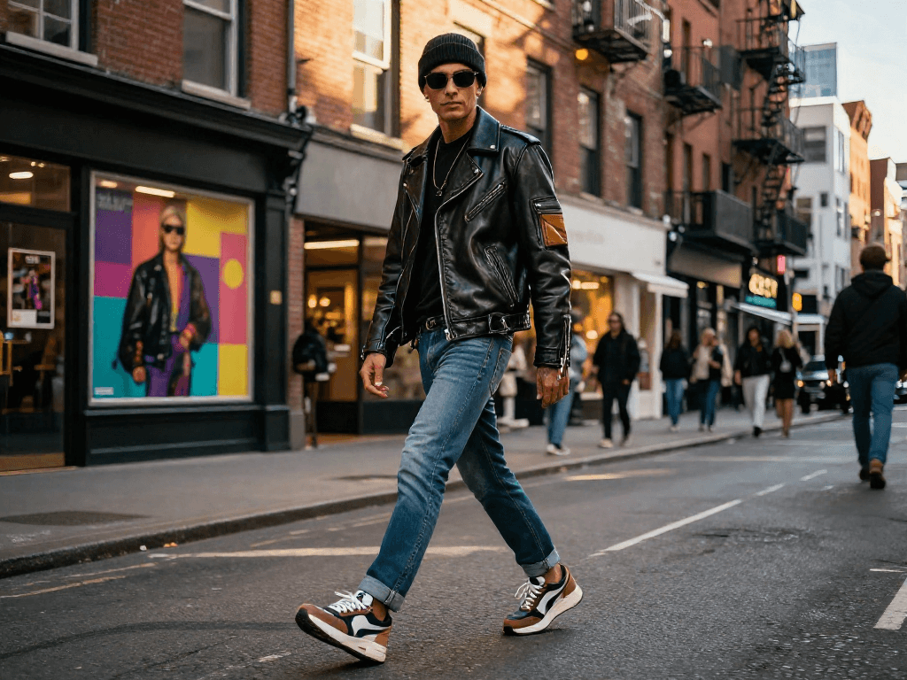 Fashionable person in a leather jacket walking urban street during sunset, showcasing style and confidence.