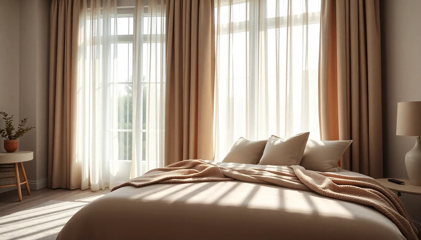 Verduisterende gordijnen creëren een rustige sfeer in een moderne slaapkamer met natuurlijk licht.