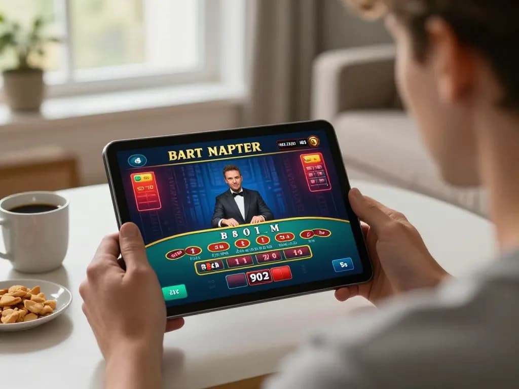 Engaging in online baccarat using a jilipinas link on a tablet, enjoying a cozy home atmosphere.