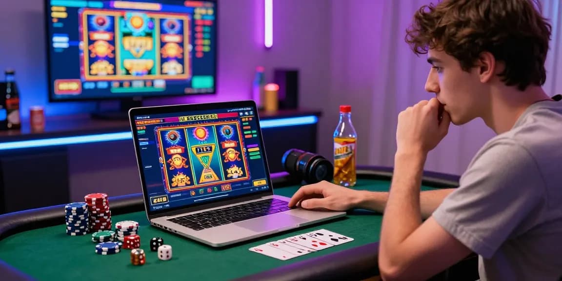 Engaged player enjoying JPTOTO online slots with vibrant gaming interface and accessories in a dynamic atmosphere.