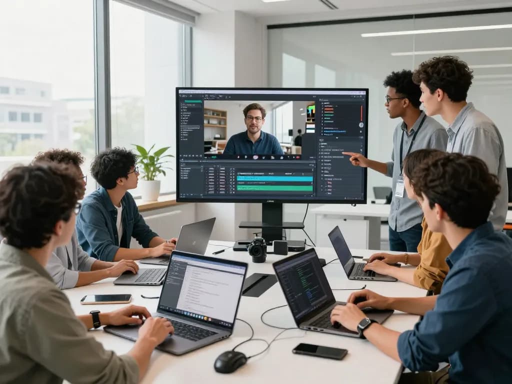 Video to prompt generation collaboration scene in a bright office, showcasing diverse professionals analyzing video content.