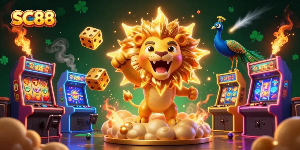 Engage with SC88 as the roaring lion and golden dice create a vibrant casino atmosphere.