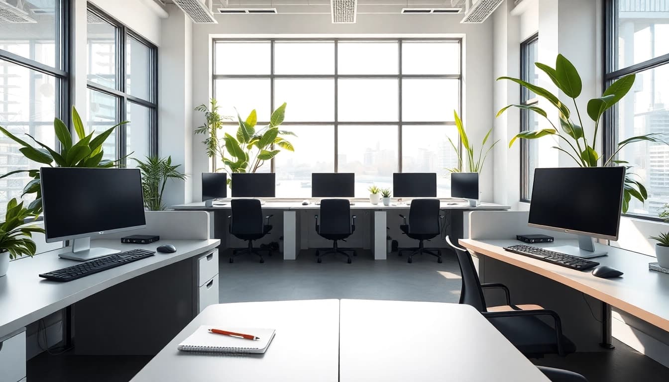 Efficiency and comfort at a typing center with ergonomic desks and bright design.