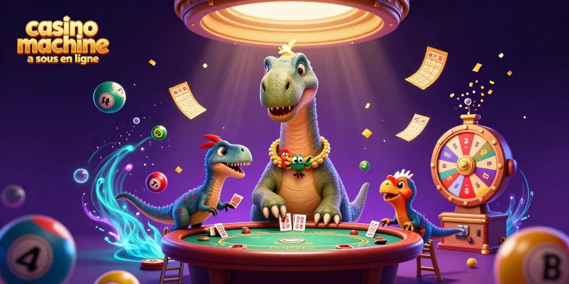 Jouez à casino machine à sous en ligne avec des machines colorées sous un dinosaure divertissant.