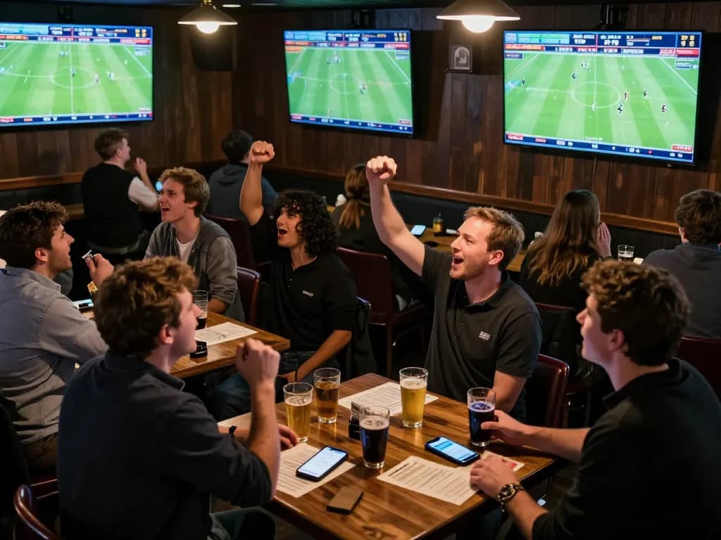 Engaging sports betting atmosphere with tỷ lệ bóng đá trực tuyến displayed on screens, patrons celebrating bets.