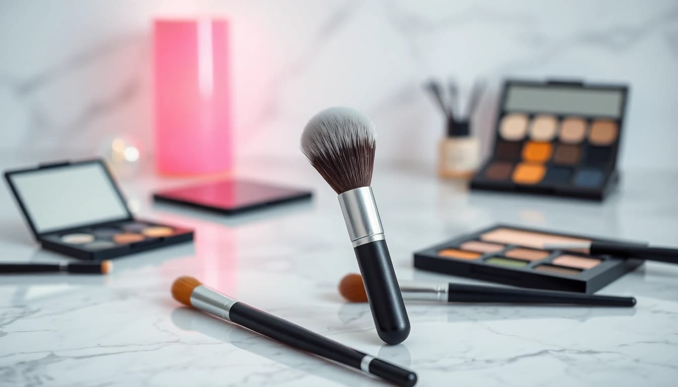 Applying eyeshadow with an angled makeup brush on a stylish marble countertop