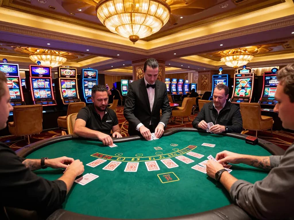 Engaging blackjack players strategizing at TG88 table in upscale casino atmosphere