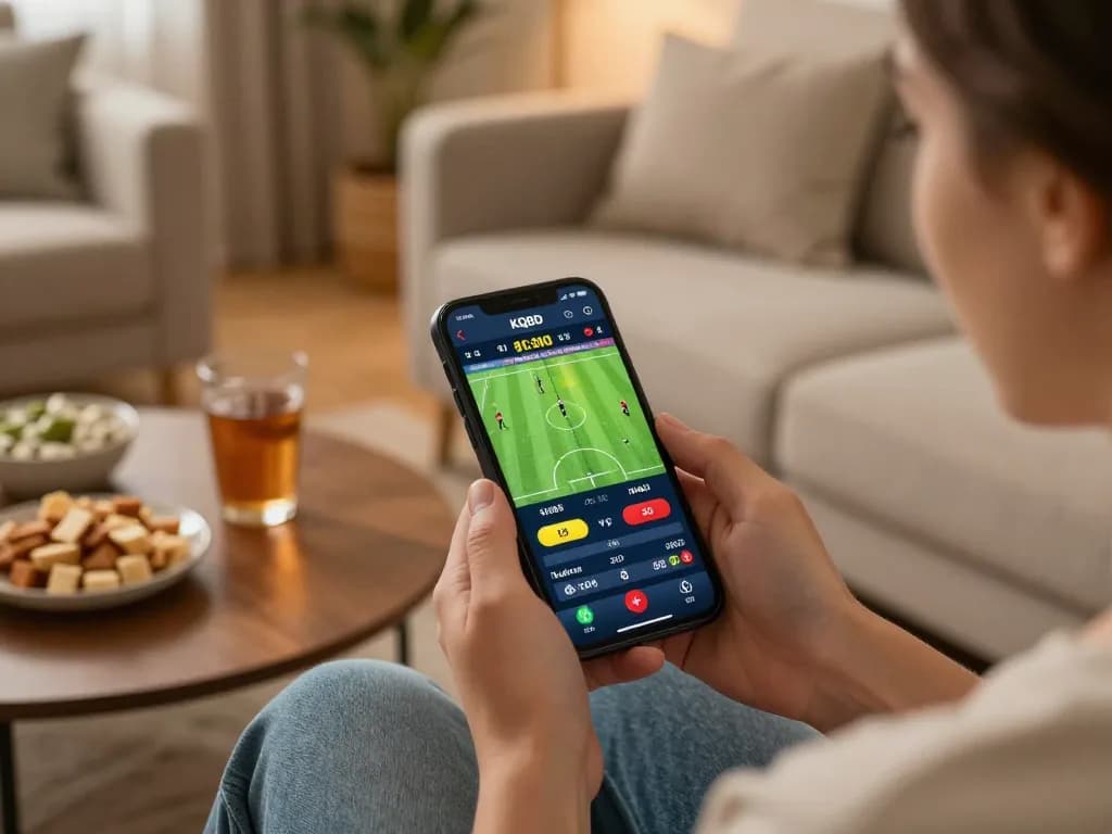 KQBD active live betting session with smartphone displaying real-time scores during a football match