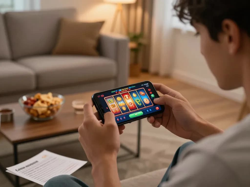 Engaged player using a smartphone for Link Gaco mobile gaming in a cozy living room.