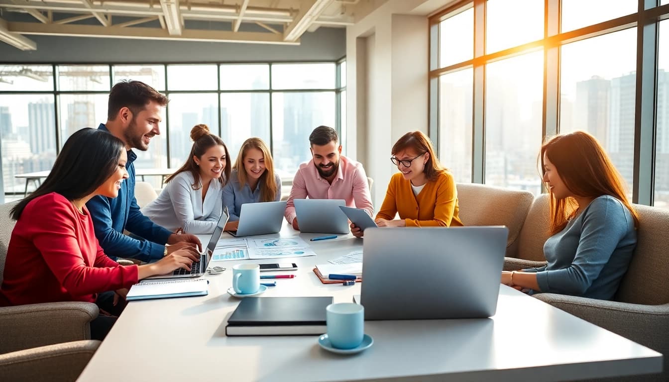 Generate targeted strategies with the team using https://press.farm in a bright office meeting.