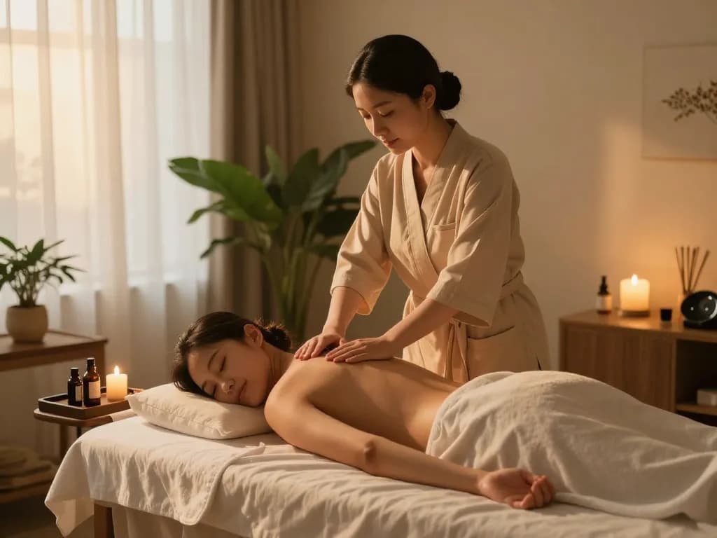 Professional therapist preparing massage oils at www.maxim-anma.net serene home setting.
