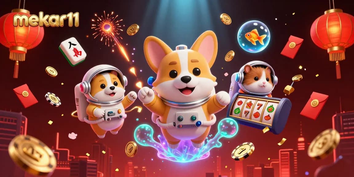 Experience mekar11 excitement with floating 3D characters in a vibrant casino scene.