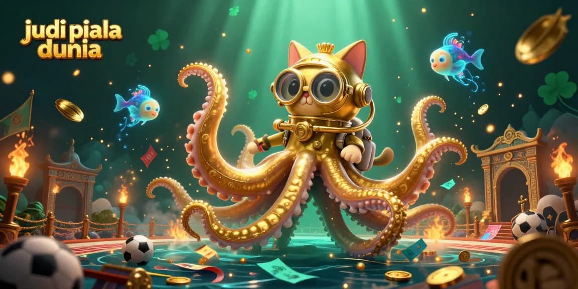 Experience judi piala dunia in a vibrant illustration featuring a kraken and diving cat.